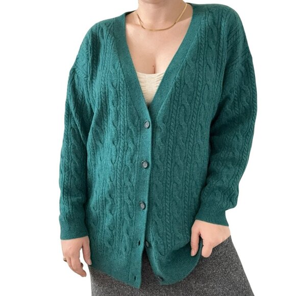 NWOT Garnet Hill Dark Teal Green 100% Cashmere Cable Knit Cardigan Sz L - Picture 8 of 10